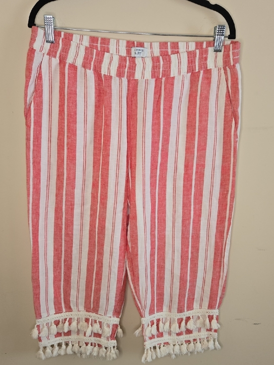crown & ivy Pants - Crown & Ivy Striped Linen Cropped Pants Tassel Hem Coastal Preppy Beach Vacation